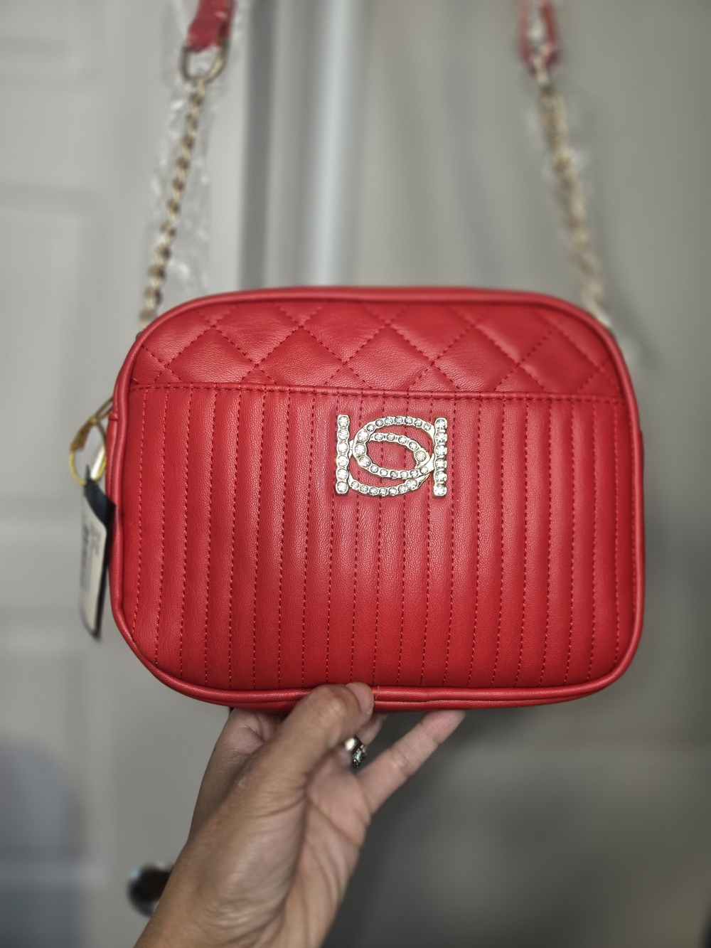 Bebe Red Quilted Crossbody Bag with Crystal Accent